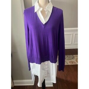 Lauren Ralph Lauren Layered Look Shirt Tail Sweater Purple/White Sz XL NWT